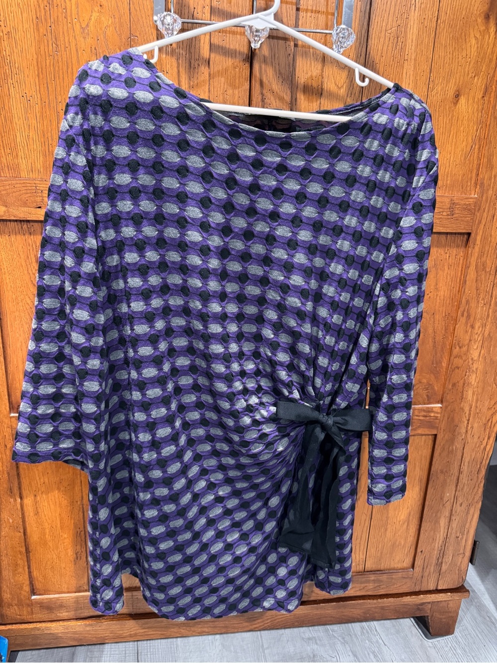 Tie-Waist Purple & Gray Patterned Women's Tunic Top